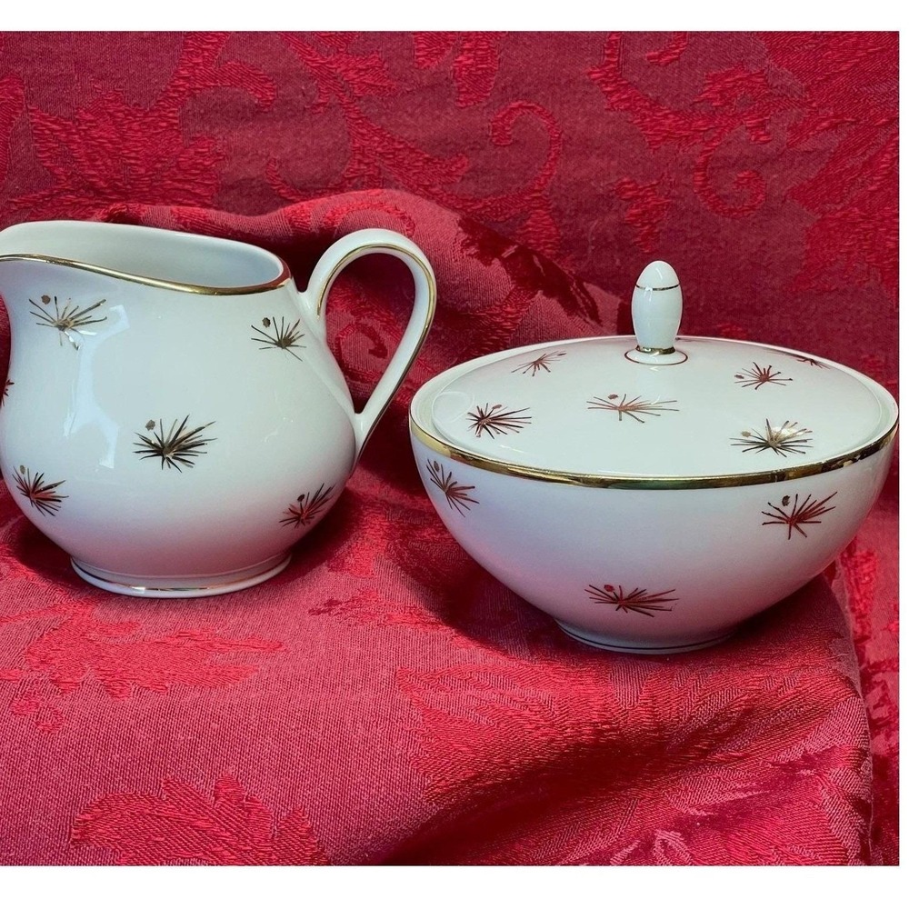 Vintage Oscar Shaller Atomic Starburst Cream & Sugar Set Gold White Porcelain